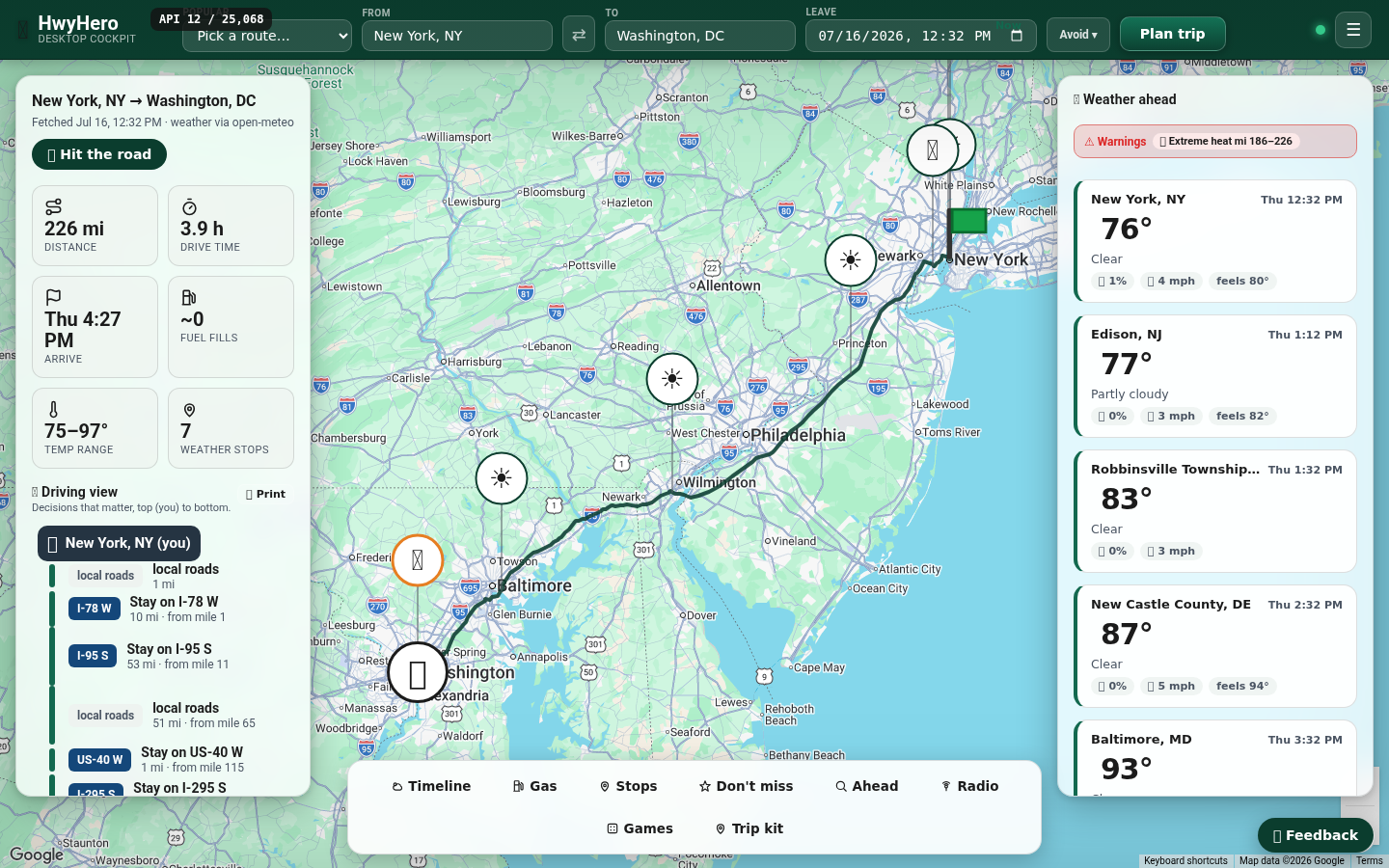 The HwyHero cockpit with a New York to Washington DC trip planned: route on the map, stats, driving view and weather rail