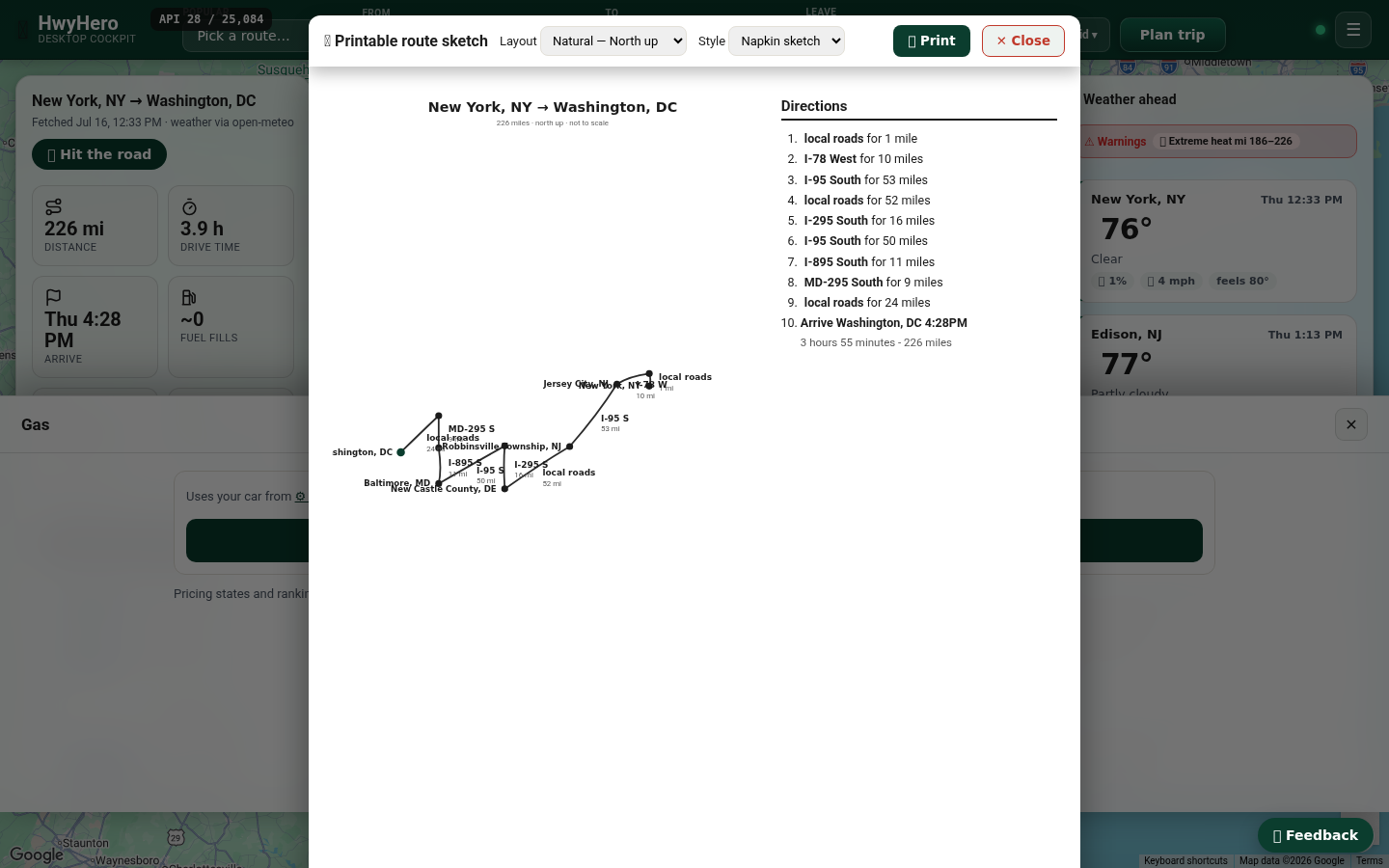 The printable route sketch: a hand-drawn style map of the drive with turn-by-turn notes